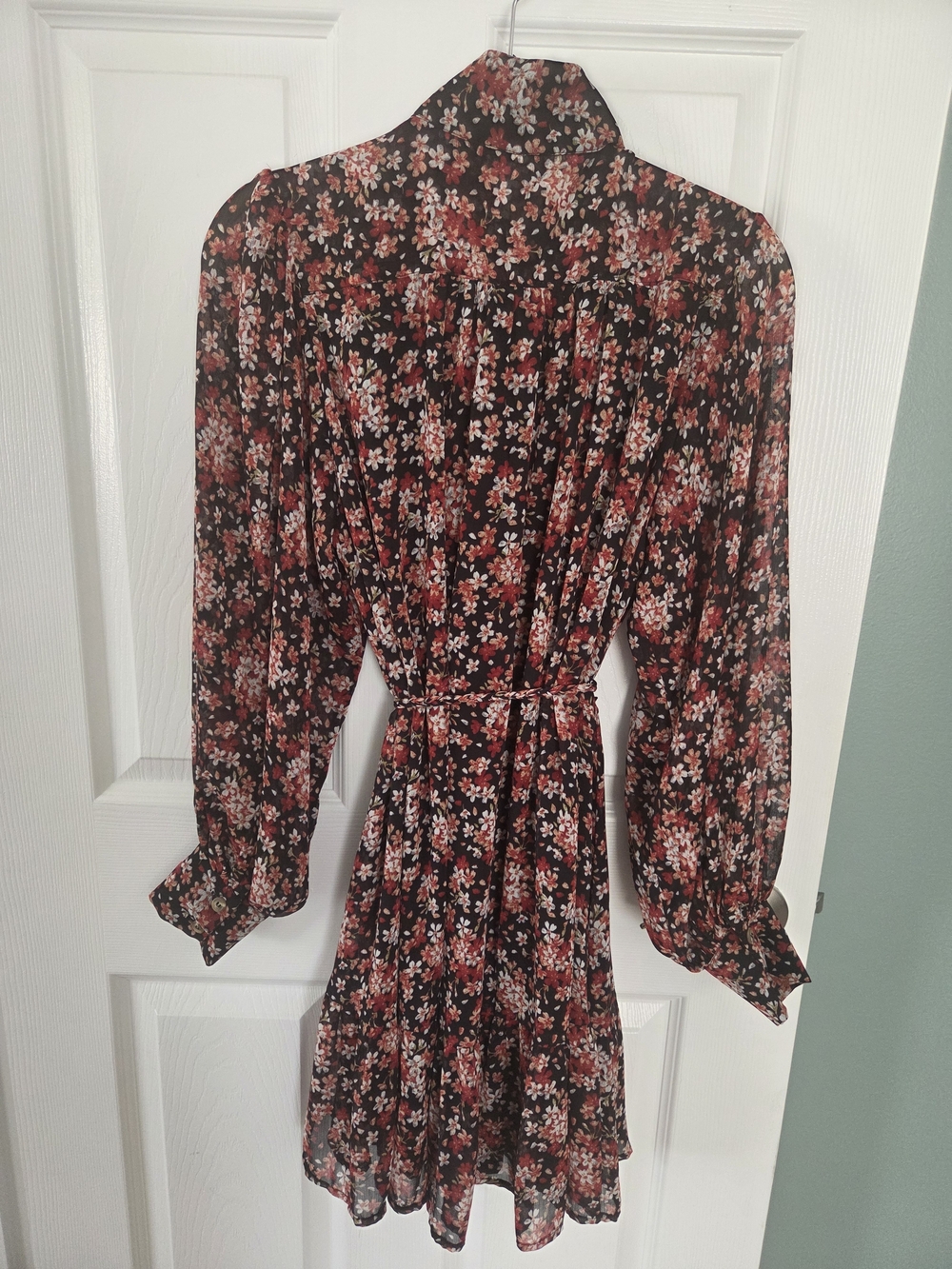 Floral Tie-Waist Long Sleeve Dress - Black with Red & Pink Floral
